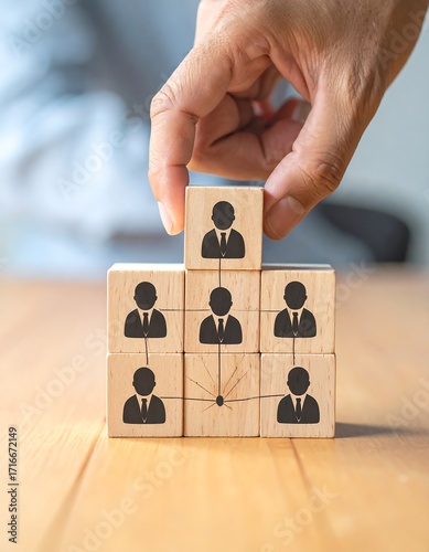 Hand placing wooden blocks with people icons