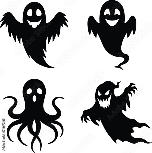 Four spooky halloween silhouettes of ghosts and a monster for festive decorations