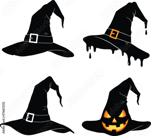 Four spooky halloween witch hats including a jack o lantern design and dripping effects