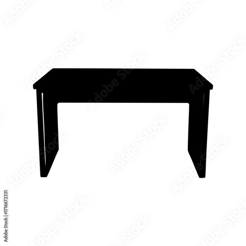 A stark black silhouette of a simple wooden table against white background