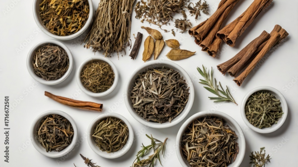 Fototapeta premium Assorted dried herbs and spices in small white bowls on a white background, showcasing a variety of textures and earthy tones.