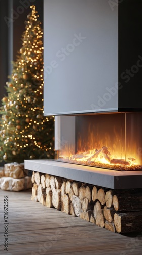 Cozy Modern Living Room With Fireplace and Christmas Tree in the Evening Glow