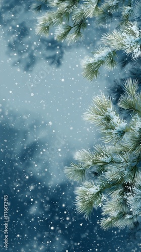 Snow Falls Softly on Pine Branches in a Serene Winter Landscape