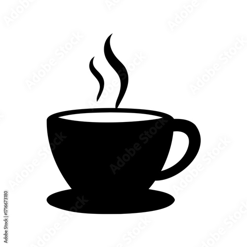 Black and white graphic of a steaming cup of coffee on saucer