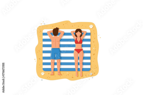 Man and Woman Sunbathing on Sandy Beach – Top View Vector Set of People Lying on Blanket, Summer Vacation, Relaxation, Beach Holiday Illustration