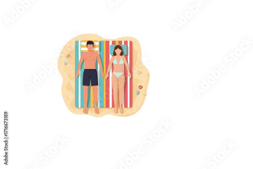 Man and Woman Sunbathing on Sandy Beach – Top View Vector Set of People Lying on Blanket, Summer Vacation, Relaxation, Beach Holiday Illustration
