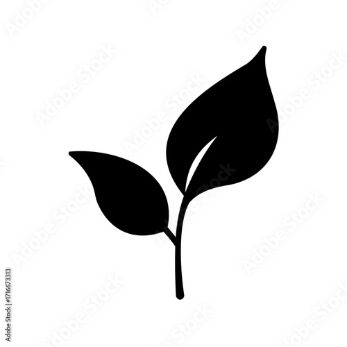 Simple black silhouette of two leaves on a stem representing growth