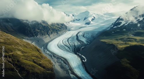 Majestic Glacier Flows Through Rugged Mountains Under Cloudy Sky at Noon