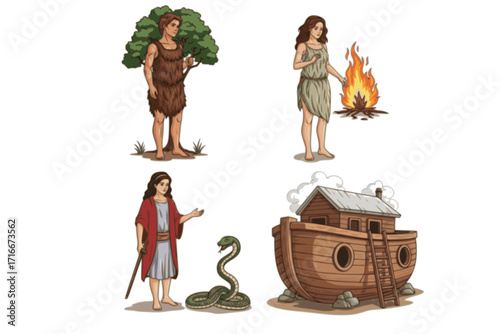 Bible Narratives Vector Set – Illustrations of Adam and Eve, Burning Bush, Snake of Temptation, and Noah’s Ark, Christian Religious Stories and Symbols