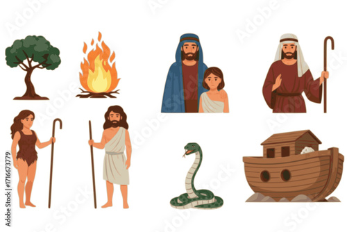 Bible Narratives Vector Set – Illustrations of Adam and Eve, Burning Bush, Snake of Temptation, and Noah’s Ark, Christian Religious Stories and Symbols