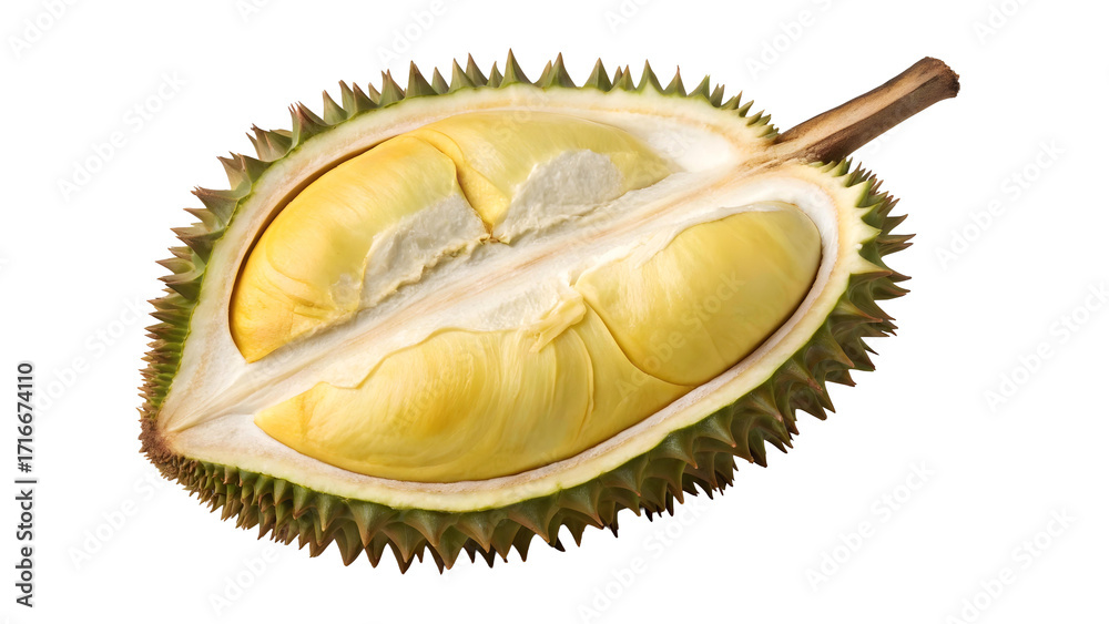 Fototapeta premium Ripe Durian Fruit Cut Open with Yellow Flesh Isolated on Transparent Background