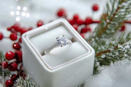 Engagement Ring Displayed on a White Cushion Surrounded by Holiday Decoration...