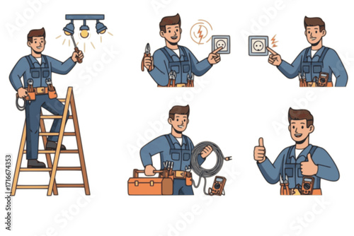 Man Electrician Character Vector Set – Providing Electrical Services, Fixing Lights, Repairs, Maintenance, and Installation Work Illustration