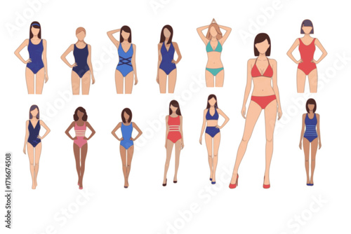 Young Woman in Swimsuit Having Slim Body Standing and Posing Vector Set
