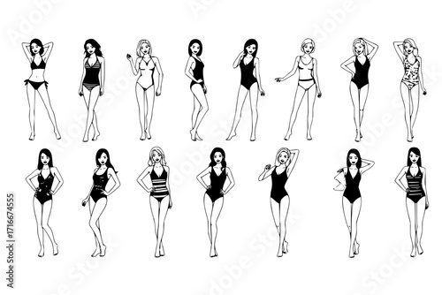 Young Woman in Swimsuit Having Slim Body Standing and Posing Vector Set
