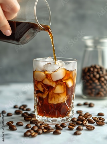 Pouring Iced Coffee Into a Glass With Ice and Coffee Beans on a Marble Surface.