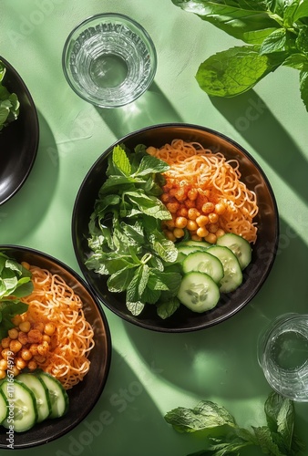 Delicious Bowls of Noodle Salad With Fresh Herbs and Chickpeas on a Green Sur...
