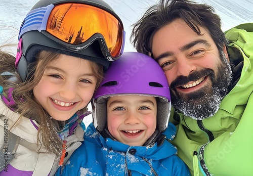 Family Enjoying a Winter Day Skiing at a Snowy Mountain Resort With Smiles an...