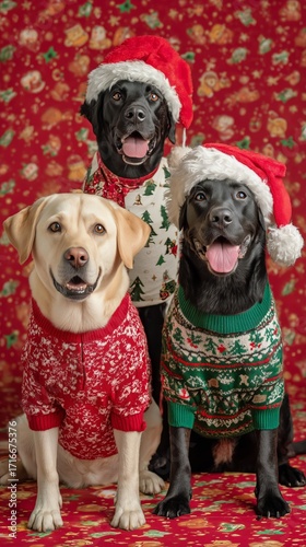 Three Joyful Dogs Wearing Festive Sweaters and Hats in Front of a Christmas B...