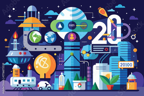 Vector art of a vibrant futuristic cityscape with advanced technology and whimsical elements, showcasing a vision of the year 20100