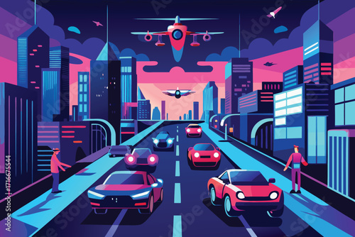 Vector art of neonlit futuristic city street with flying vehicles and sleek cars, capturing a vibrant and dynamic urban landscape
