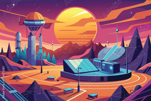 Vector art of a futuristic city on an alien planet with advanced architecture and a vibrant sunset landscape