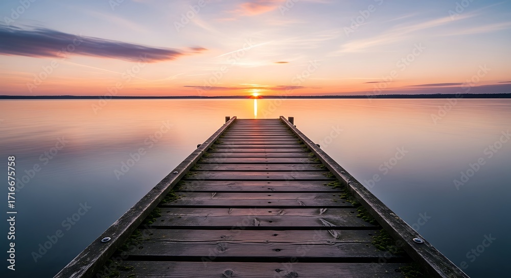 Obraz premium Wooden Pier Leading to Calm Lake at Sunset with Pastel Skies and Beautiful Horizon View