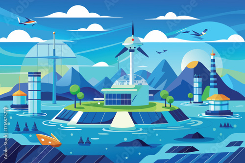 Vector art of a futuristic island city powered by renewable energy, featuring advanced architecture and sustainable technology