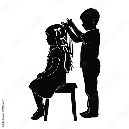 Boy braiding girls hair with bows silhouette children