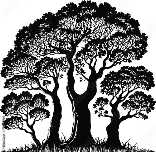 Group of Trees Illustration Art with Dense Foliage Isolated Vector Design Element