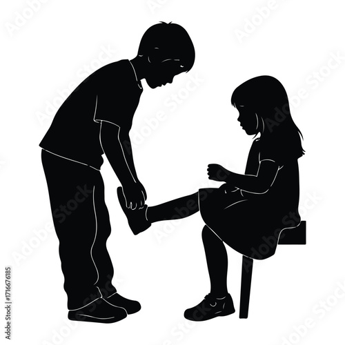Boy helps girl with shoe children helping