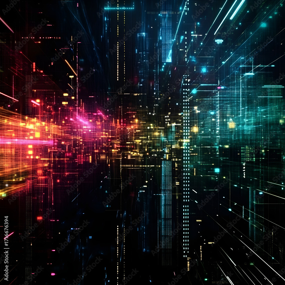 Obraz premium Abstract digital cityscape with vibrant neon lights and data streams