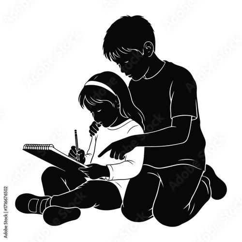 Brother teaching sister drawing black and white children