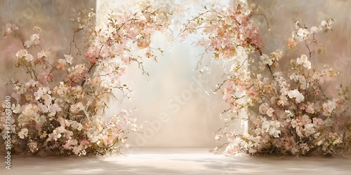 Elegant floral archway background with soft pastel colors, perfect for wedding photography and romantic portraits in studio setting