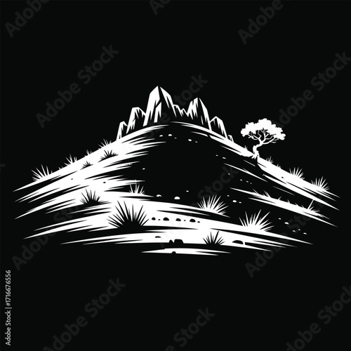 Hillside Landscape Vector Illustration with Mountain Peaks and Lone Tree Isolated Art