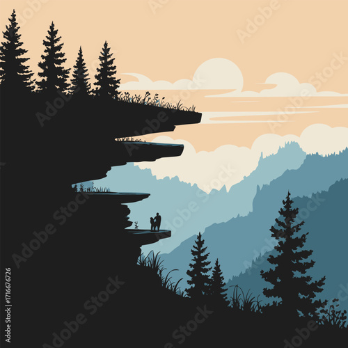 Mountain View Illustration Vector Art Isolated, Cliffside Scene with Trees and Distant Peaks