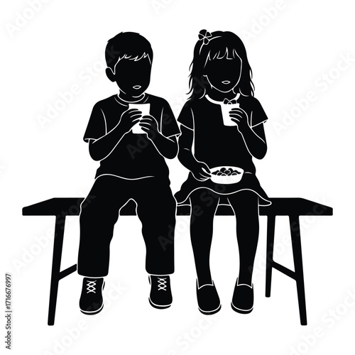 Children eating snacks on bench girl