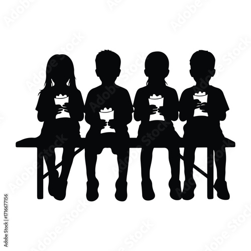 Children holding cups on bench silhouette