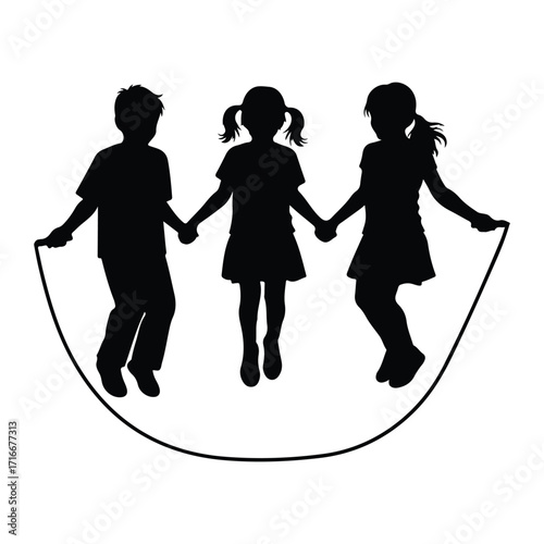 Children holding hands jumping rope silhouette black and white