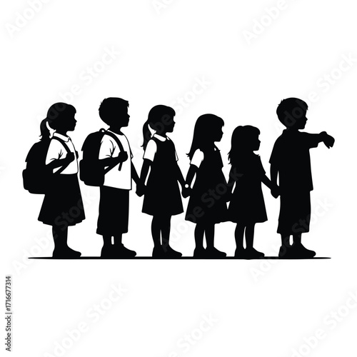 Children holding hands in a line kids backpacks