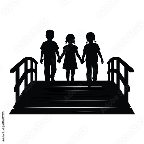 Children holding hands on bridge siblings walking