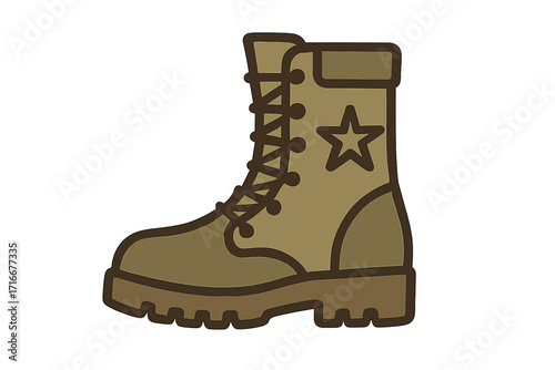 Military combat boot icon. Army soldier footwear vector illustration. Khaki ankle boot with a star for patriotic design. Armed forces symbol. Flat cartoon style graphic.