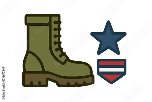 US military vector icon set with combat boot, American flag emblem, and star. Patriotic symbols for Veterans Day, Memorial Day, 4th of July. Army soldier service concept.