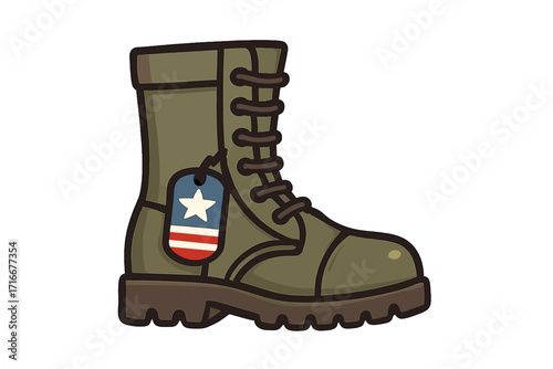 US military combat boot with American flag dog tag. Army soldier shoe vector icon. Symbol for Veterans Day, Memorial Day. USA armed forces footwear. Patriotic concept.