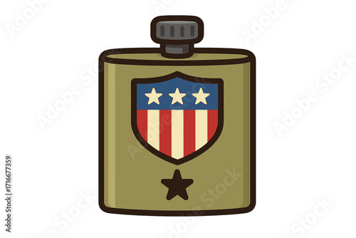 Military canteen with American flag shield. Army flask for water. Patriotic USA symbol for Veterans Day or Memorial Day. Soldier equipment icon. Vector cartoon illustration.