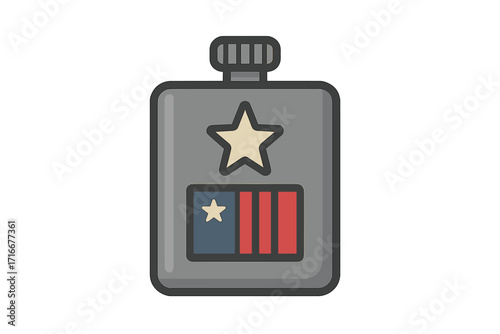Patriotic hip flask with American flag design. USA symbol for 4th of July, Independence Day, Memorial Day, Veteran's Day. Vector icon illustration of an alcohol container.