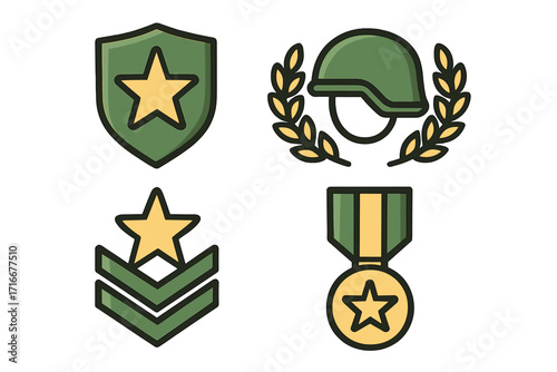 Military icon set. Army award and soldier emblem collection. Vector illustration of honor medal, rank insignia, helmet, and shield. American patriotic symbol for veteran.