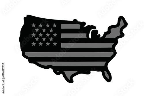 USA map with American flag design in black and white. Flat vector icon. Patriotic symbol of the United States. Monochrome American flag sticker illustration for design.