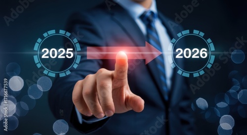 Navigating the Future: A business professional's hand triggers a digital arrow, signifying progress and strategic planning, forecasting the years 2025-2026.