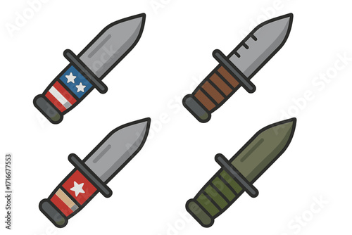 Set of combat knives. Military dagger collection. American patriotic weapon icon with USA flag. Tactical army blade symbol for sticker. Flat cartoon vector illustration.
